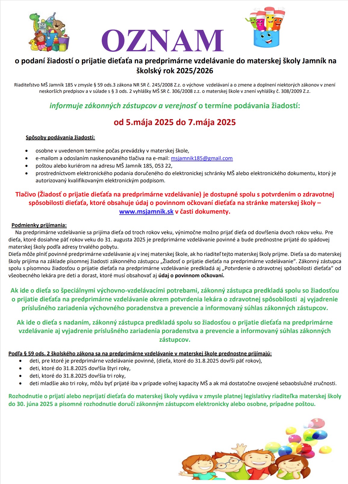 Oznam prijatie dietata MS 2025 2026